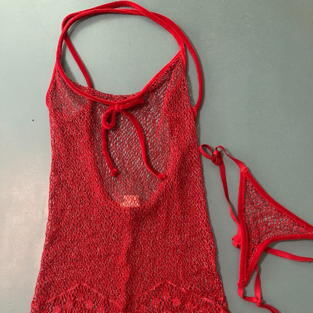 Sheer Sparkly Nightie Chain-like Look Red